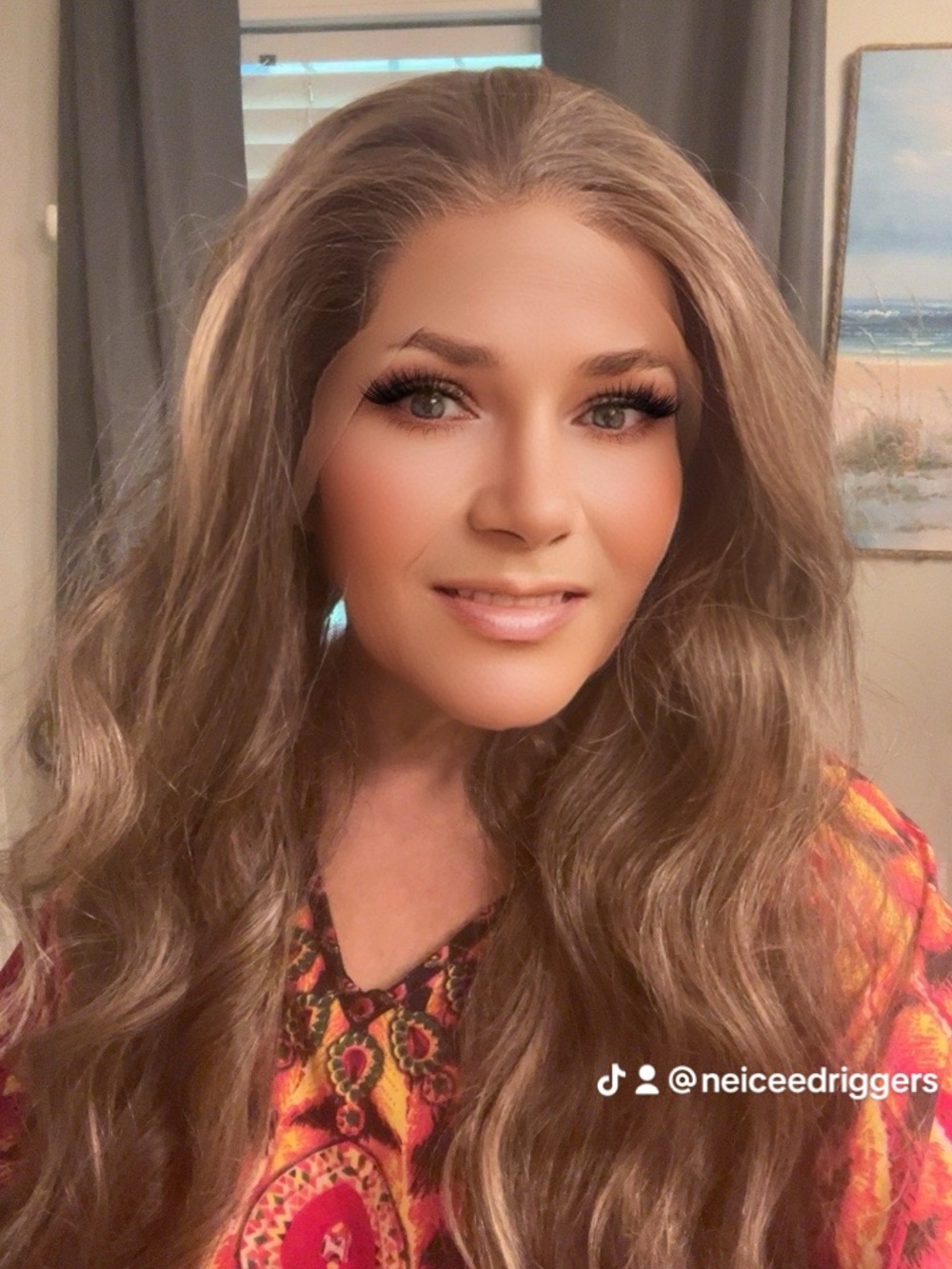 Long Wavy Women's Wig in Warm Light Brown/hint of silver